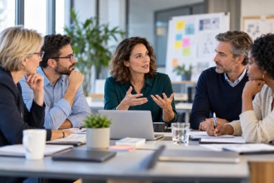 Réunion d'équipe autour d'une table pour échanger sur la gestion du changement en entreprise.